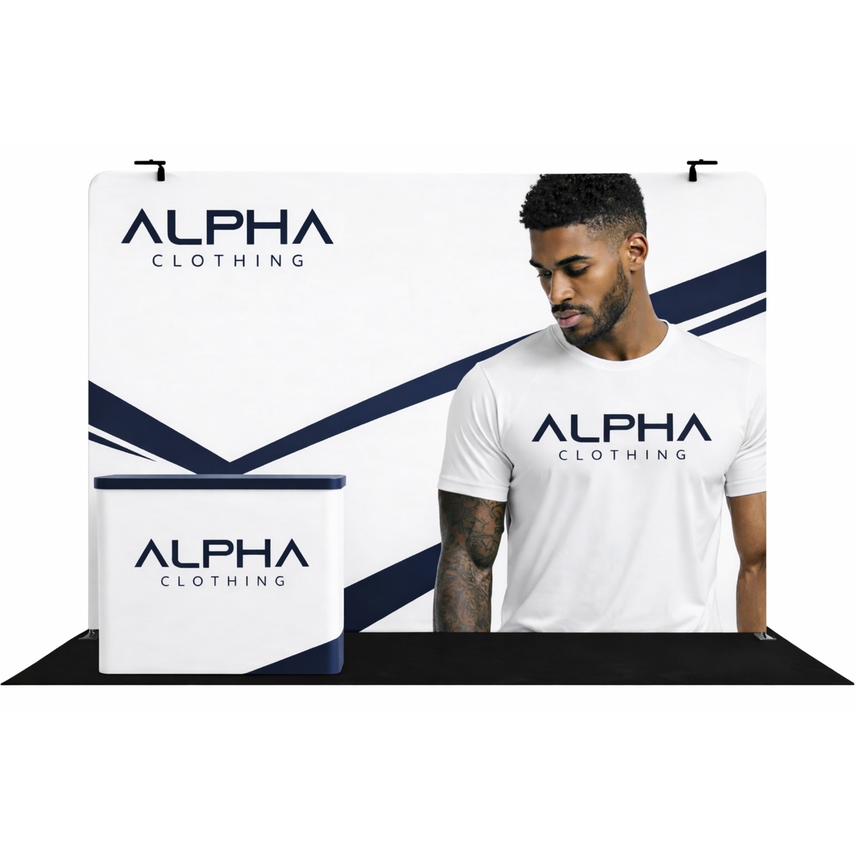 Tension fabric trade show display with a stretched fabric graphic on an aluminum frame