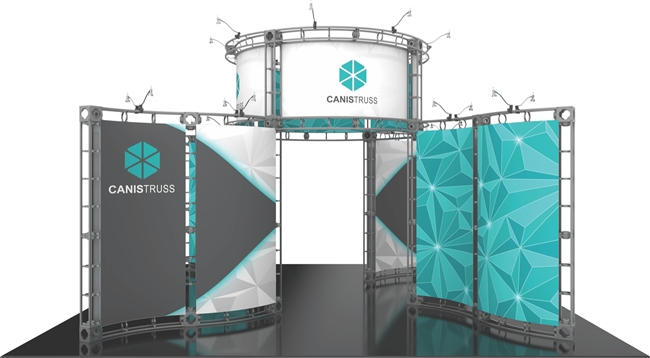 Finished 20x20 island exhibit with custom printed graphics