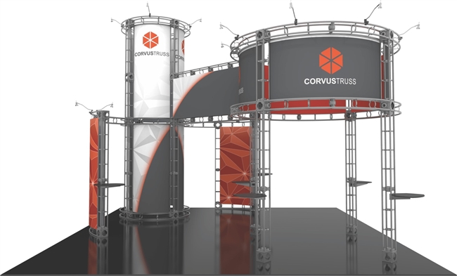 20x20 island trade show exhibit with a two-tower truss structure and custom graphic panels