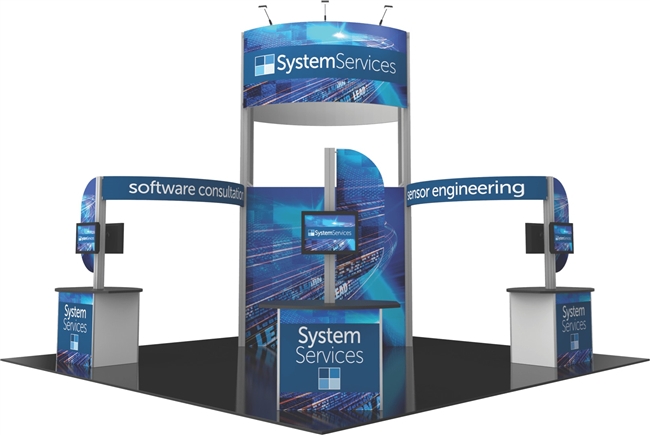 20x20 hybrid pro trade show booth with an overhead ring sign, curved graphic wall and two monitor counters