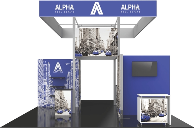 20x20 island trade show exhibit with an overhead sign and city street graphics