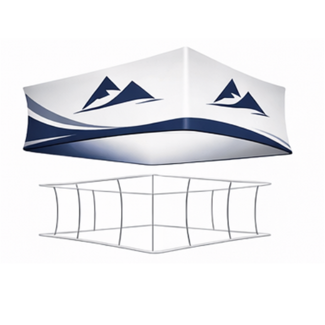 Square overhead hanging banner with custom printed graphics