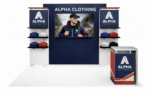 10ft hybrid pro trade show exhibit with shelving and a graphic counter