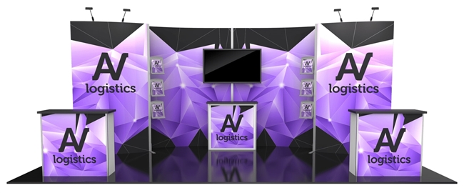10x20 trade show booth with a purple graphic backdrop, monitor and two counters