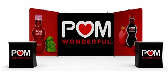 Finished 20ft tube frame trade show display with a wide graphic backdrop and two branded counters