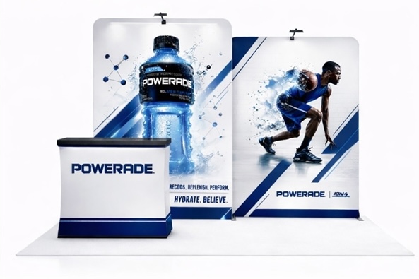 Tension fabric trade show display with a printed graphic backdrop and counter