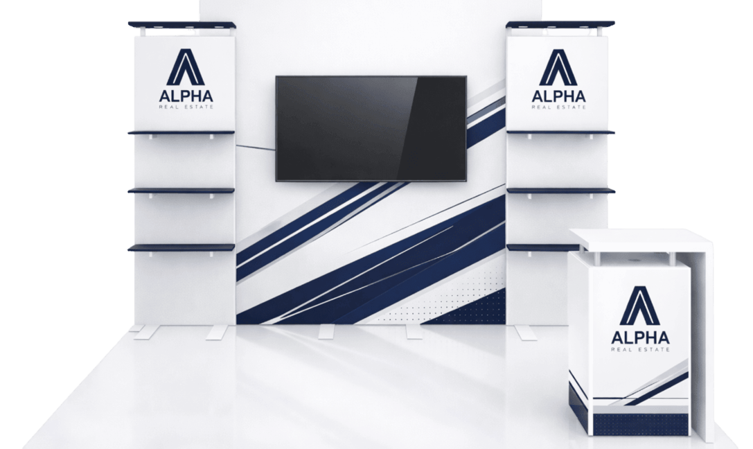 10x10 trade show booth display with branded graphics, counters, and product presentation area