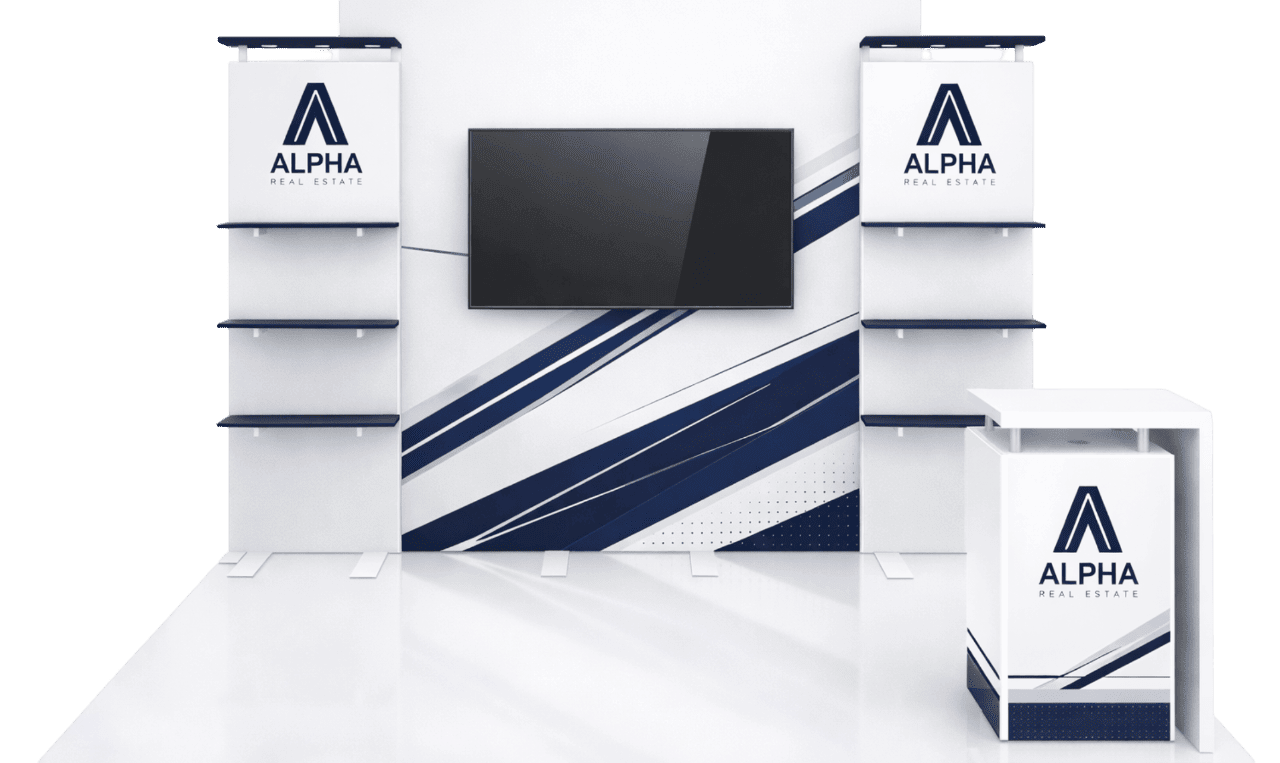 10x10 trade show booth with custom printed graphics on shelving panels and a wall-mounted monitor