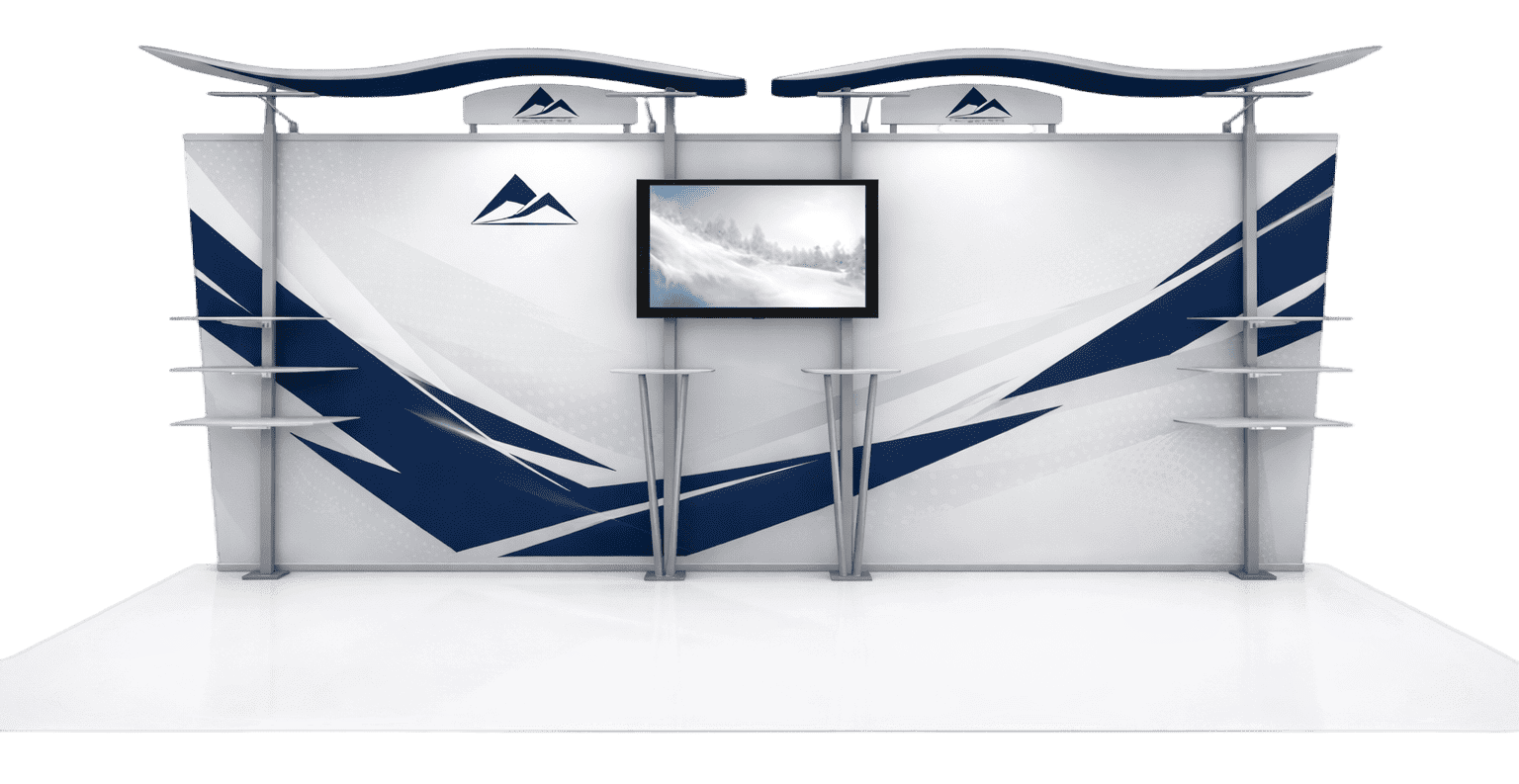 10x20 trade show booth display with custom branded graphics, product counters, and exhibition setup