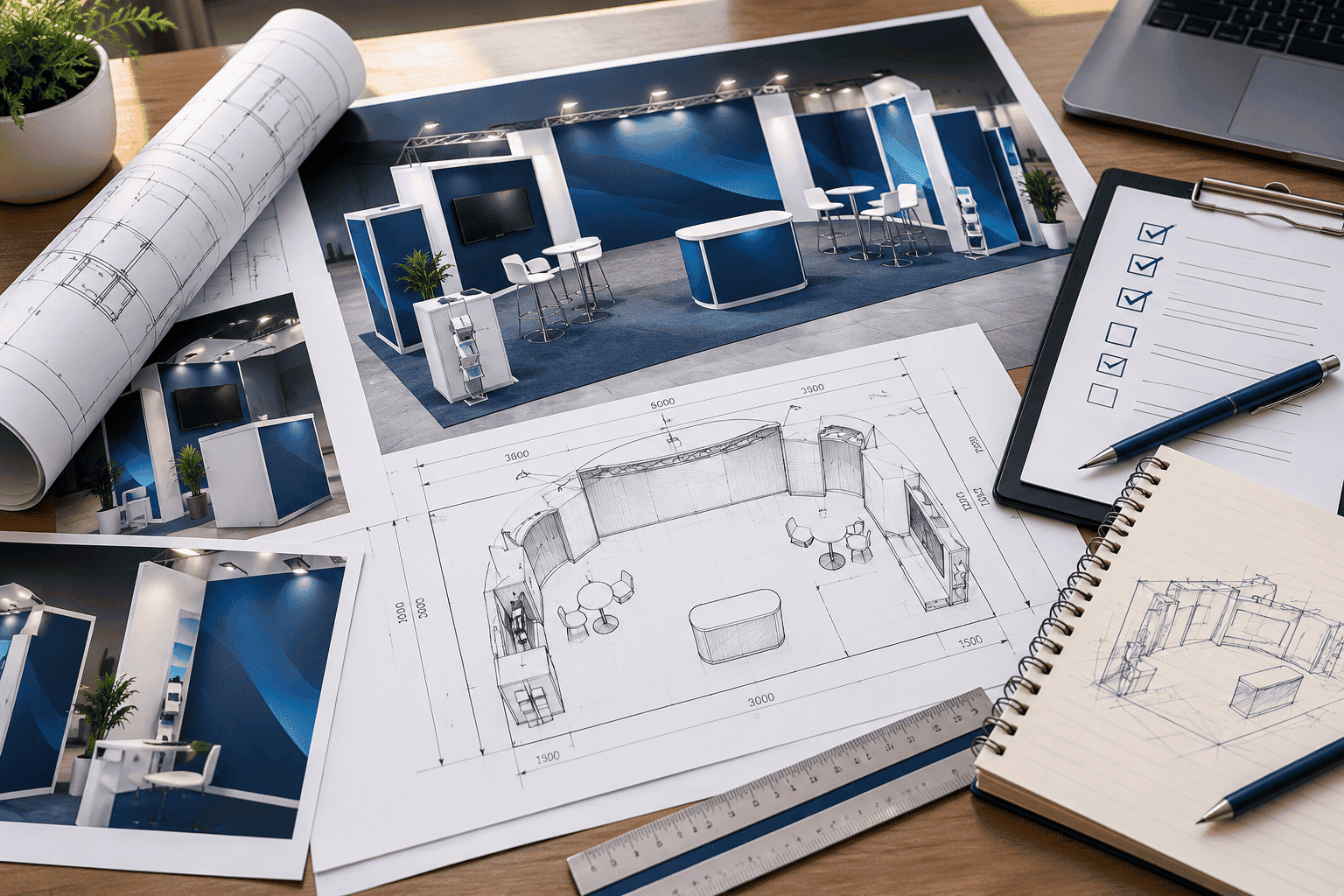 Trade show booth blueprints, renderings and a planning checklist laid out on a desk