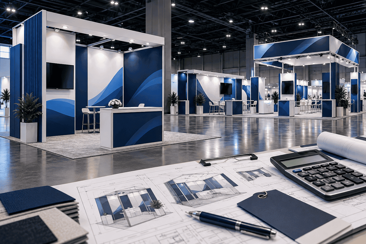 10x10 trade show booth with custom printed graphics on shelving panels and a wall-mounted monitor