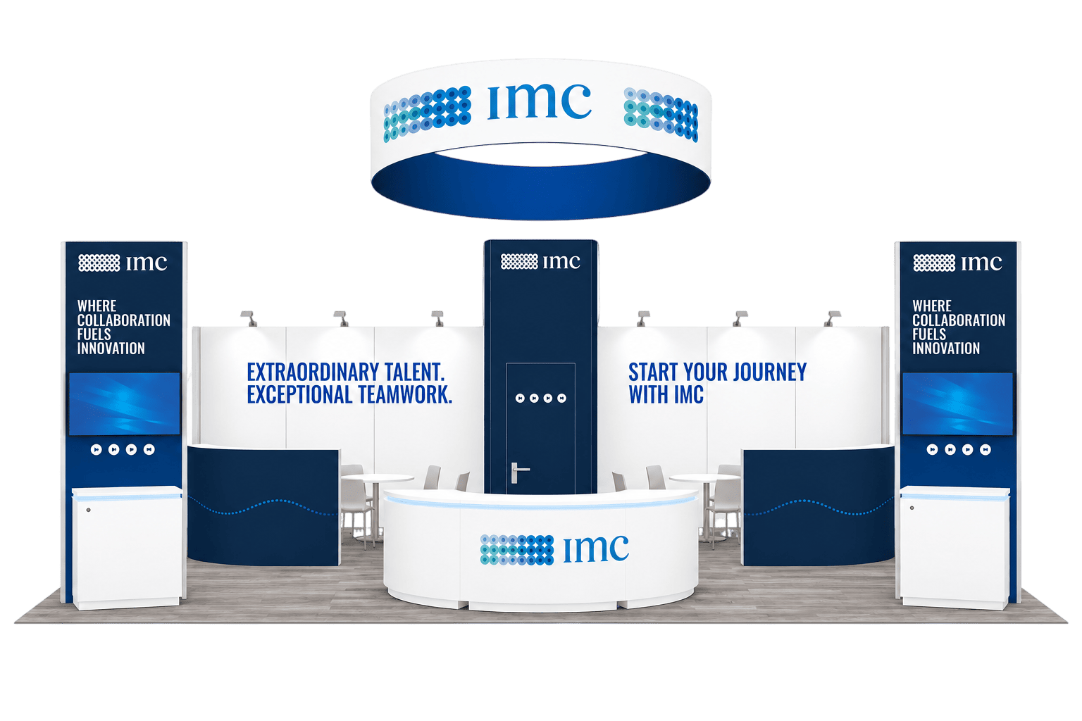 Custom island trade show exhibit with hanging sign, backlit walls and reception counter