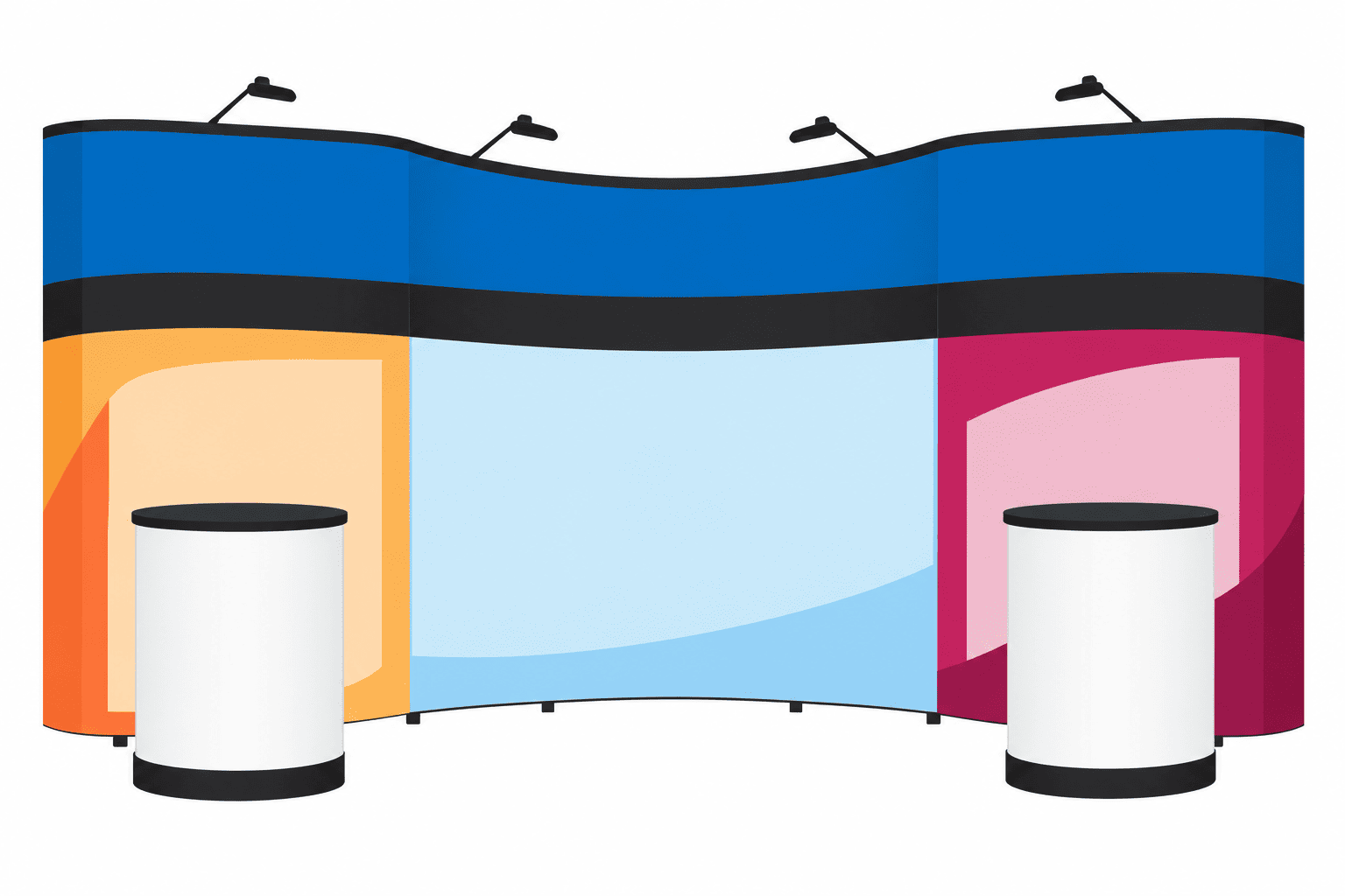 Flat design layout of the same 20ft curved display in blue, orange and pink with two round counters