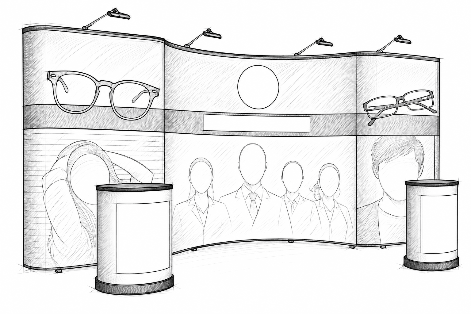 Pencil and ink sketch of a 20ft curved trade show display with a wavy graphic backdrop and two round podium counters