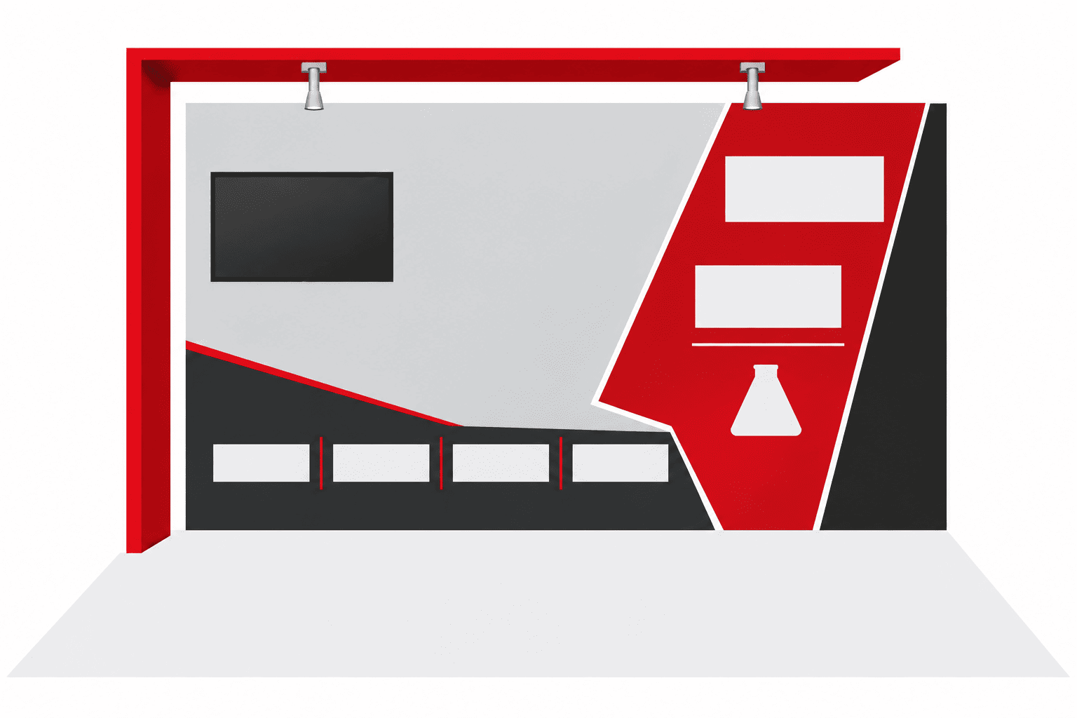 Flat design layout of the same 10ft booth with red and black graphic panels and a monitor