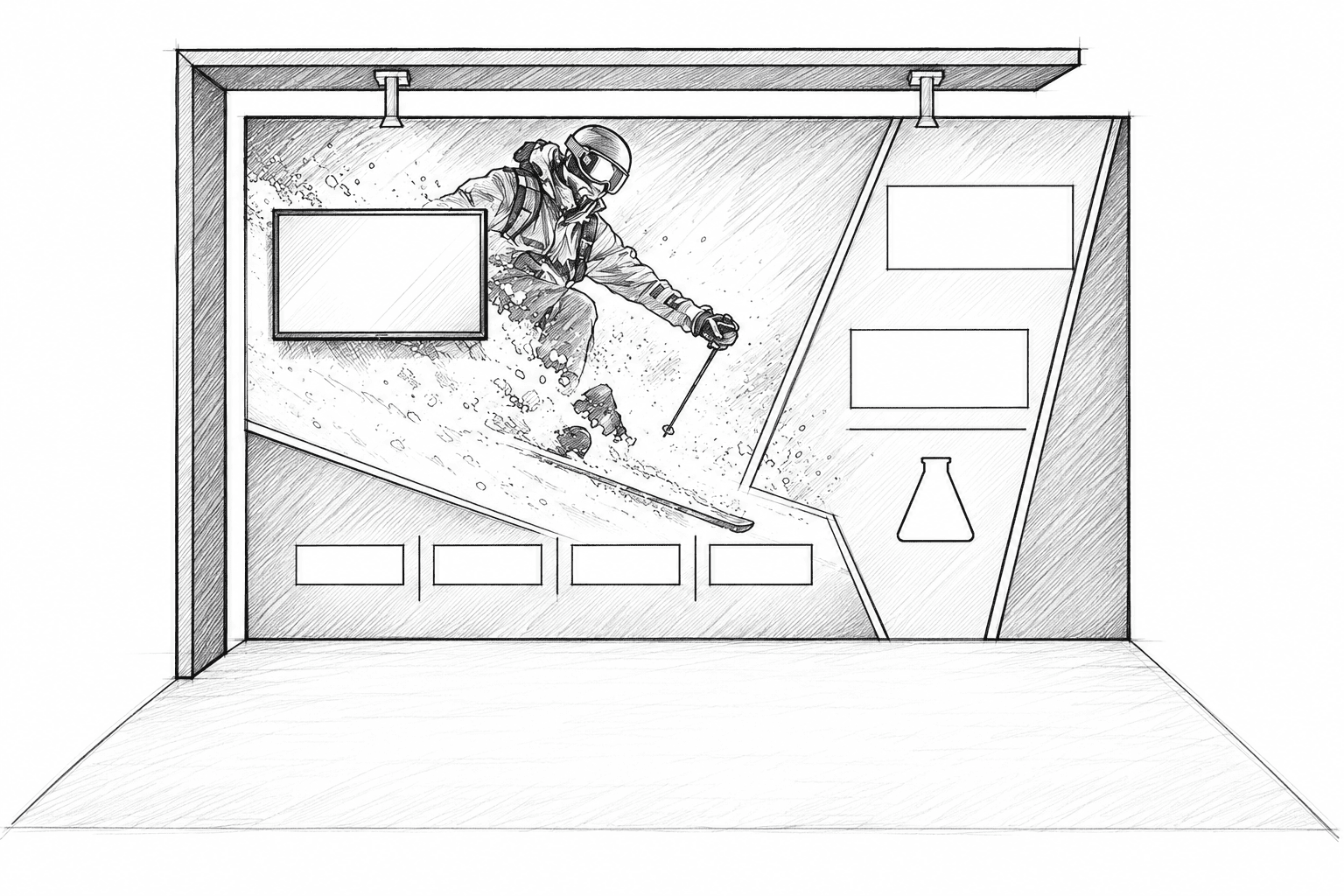 Pencil and ink sketch of a 10ft trade show booth with a framed graphic backdrop and a wall-mounted monitor