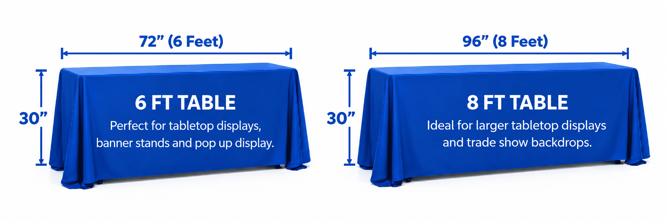 Diagram comparing a 6 foot table, 72 inches wide and 30 inches tall, and an 8 foot table, 96 inches wide and 30 inches tall, for tabletop trade show displays