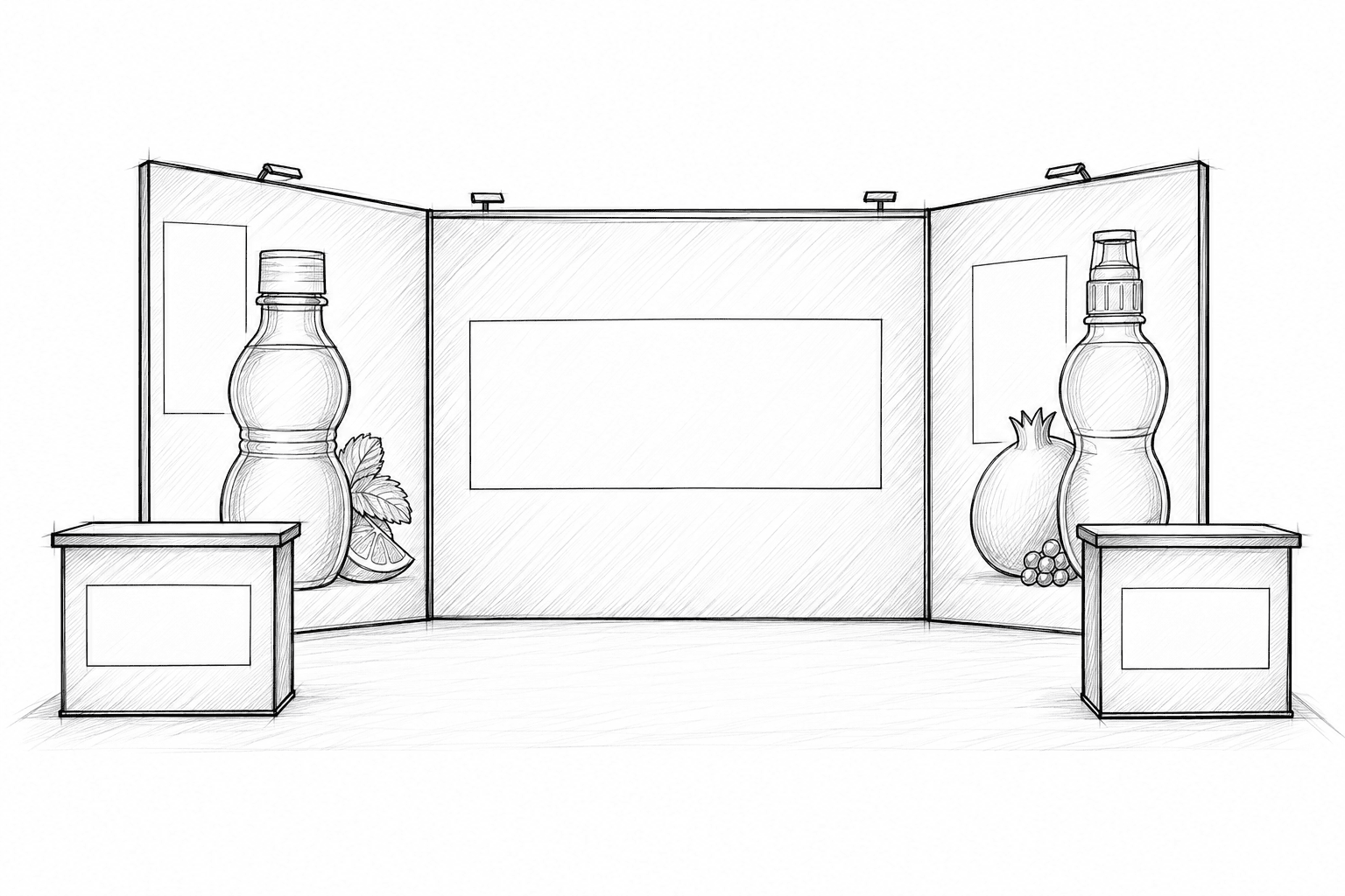 Pencil and ink sketch of a 20ft tube frame trade show display with a wide center panel, angled side wings and two counters