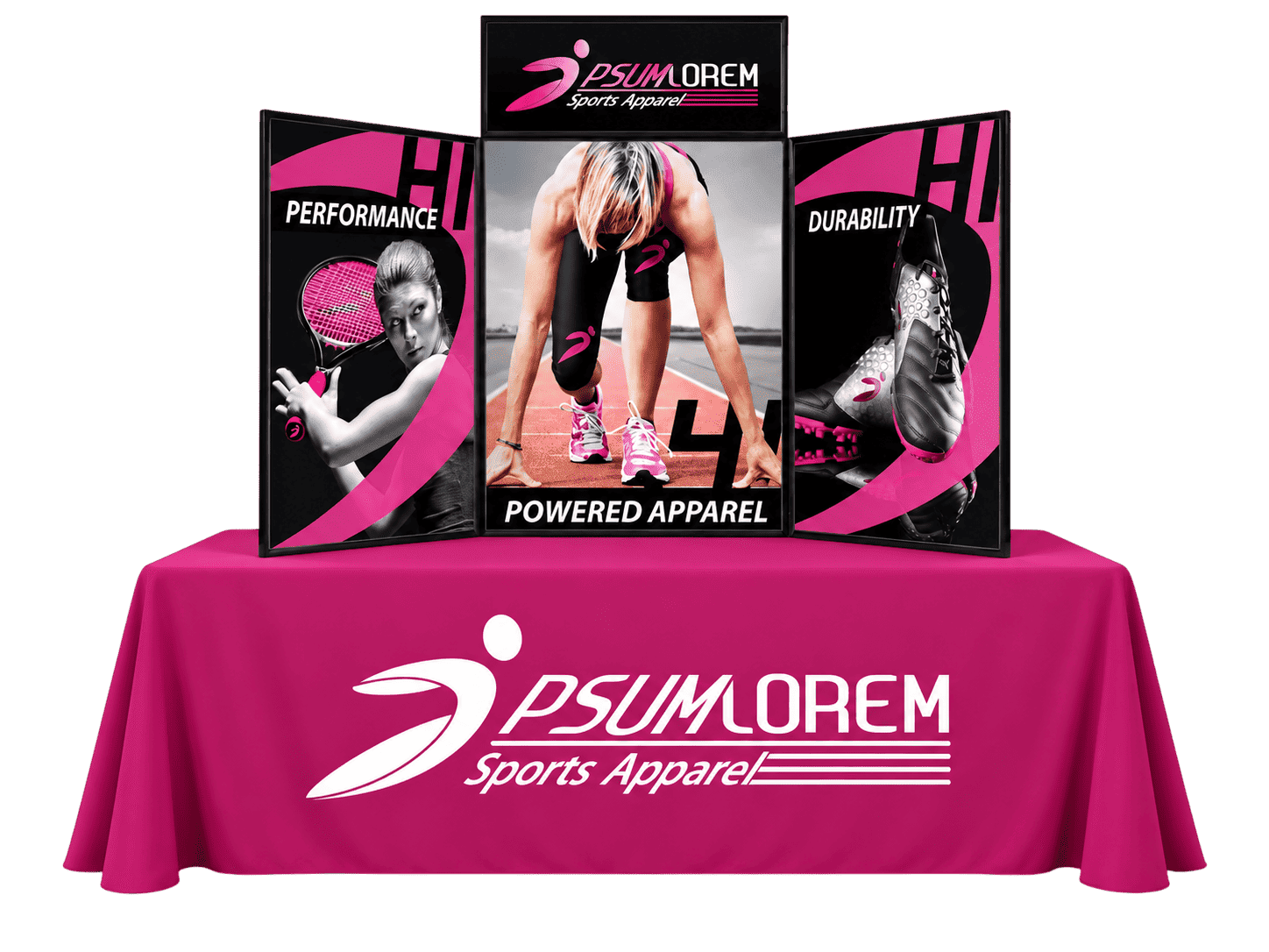 Tri-fold panel tabletop trade show display with full graphic and matching table throw